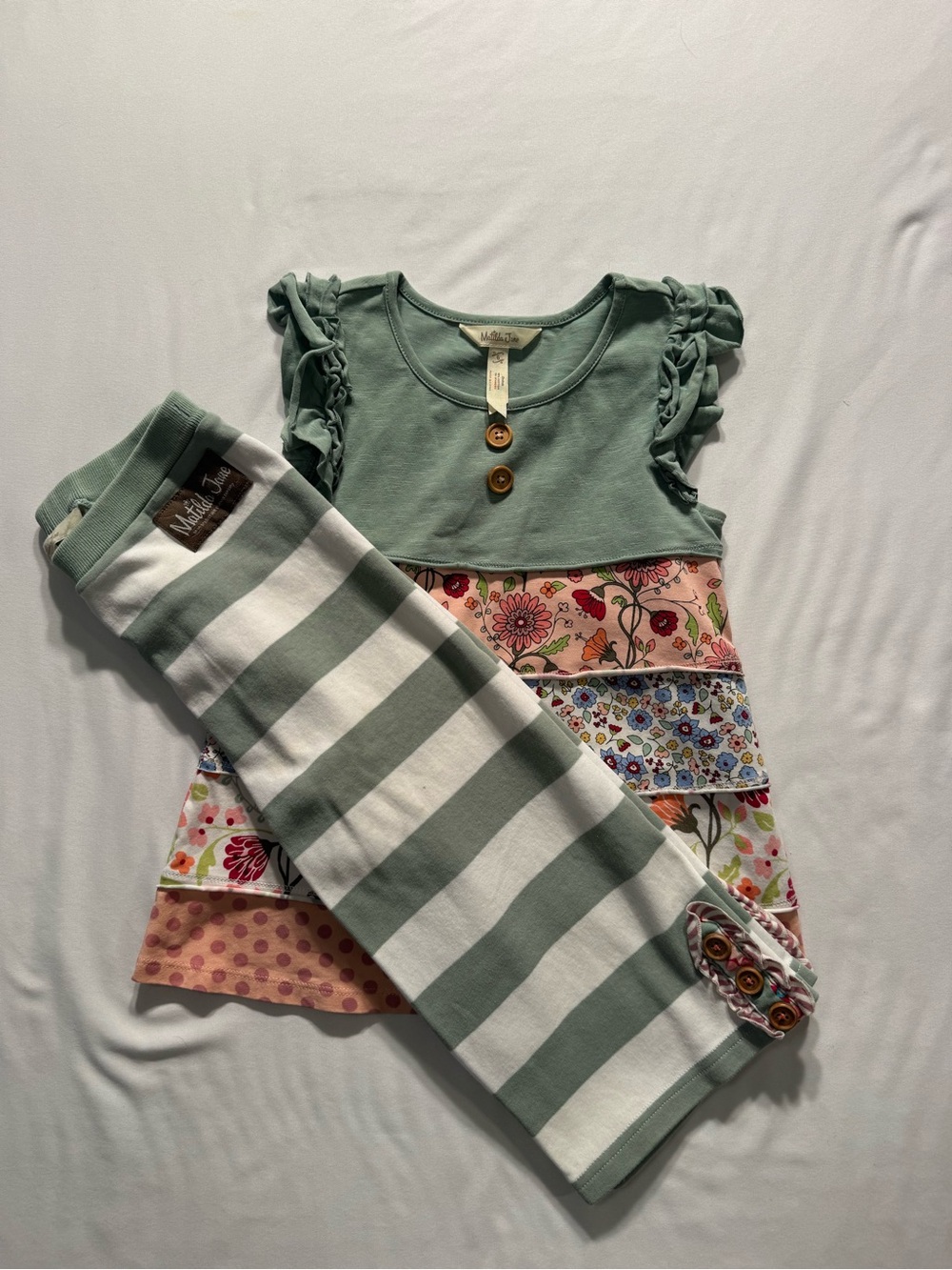 Matilda Jane Sage Green Layered Floral Tunic with Striped Leggings